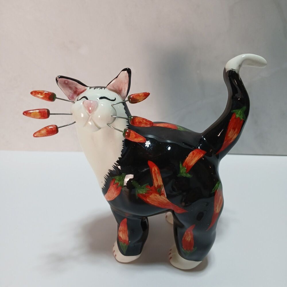 Vtg Lacombe Whimsiclay Chili Pepper Cat Figurine, 2002 Adorned w/ Chili Whiskers